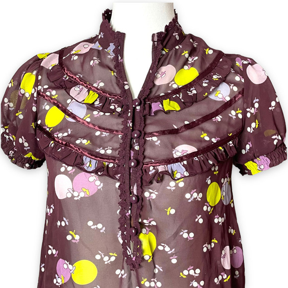 🍀 Kimchi Blue Women's Purple Taupe Printed Ruffle Puff Short Sleeve Blouse XS - Picture 2 of 10